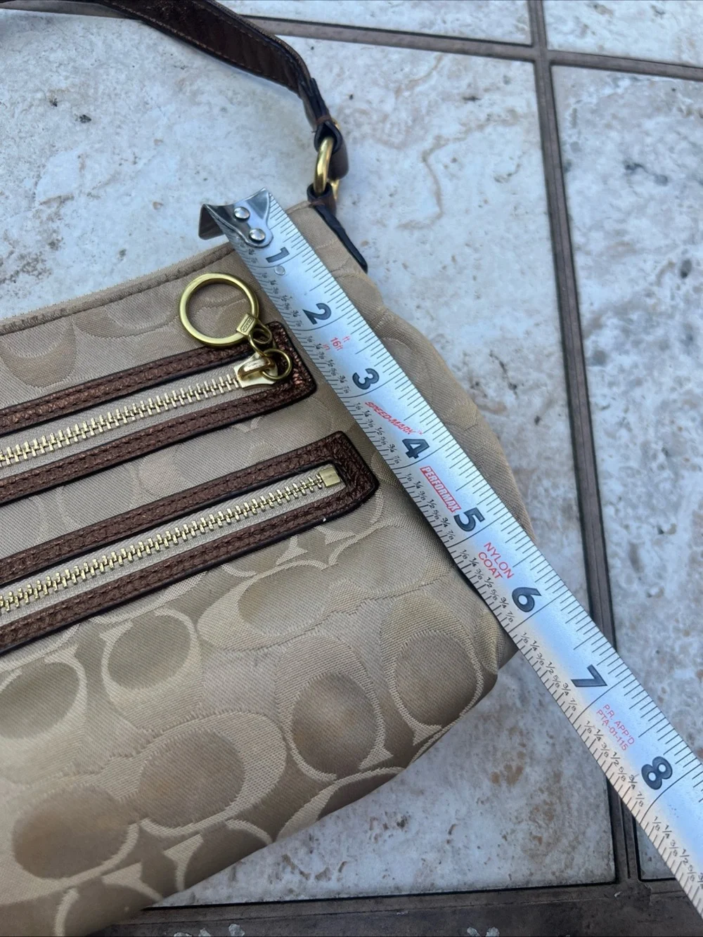 Coach Beige and Brown Signature Mini Shoulder Bag with Gold Hardware